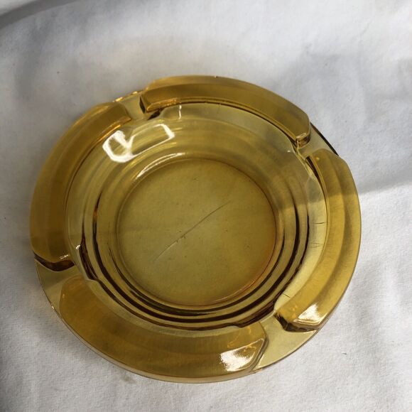Vintage Amber Ashtray 4.5" Round Sun Yellow Heavy Thick Cut Glass - Picture 1 of 12